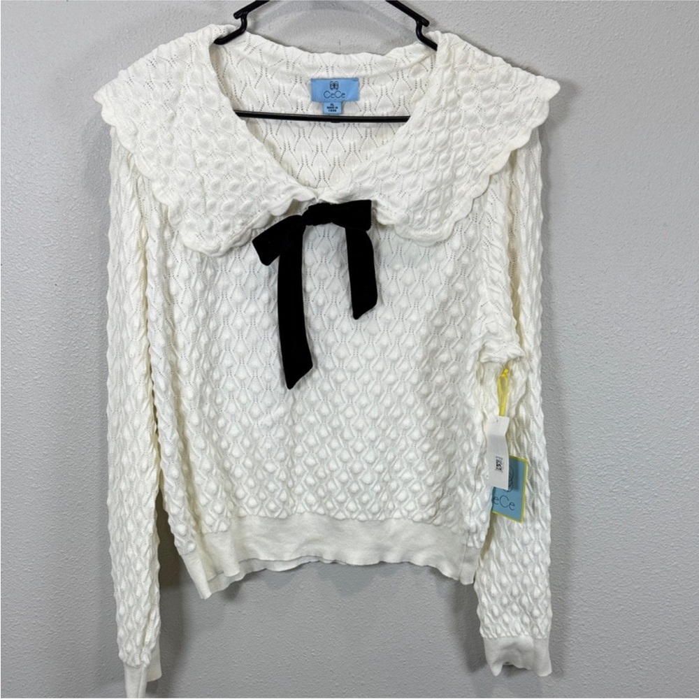 Cece Long Sleeve Pointelle Bow-Detail cotton sweater collar